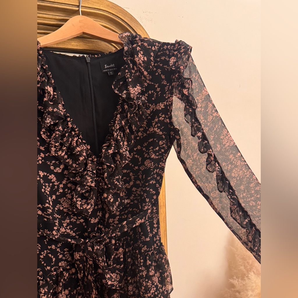 Bardot Floral Black And Pink Ruffle Dress